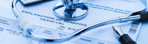 Explanation of Benefits form with stethoscope and pen, highlighting medical billing, insurance claims, and payment disputes.