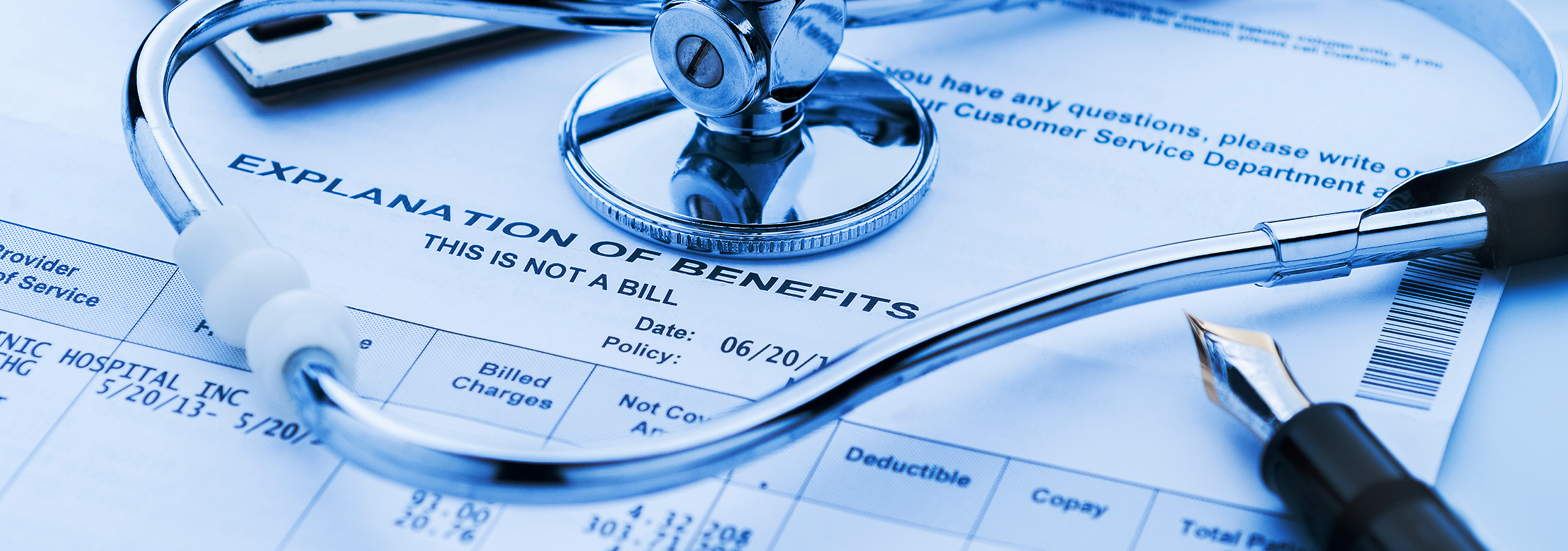 Explanation of Benefits form with stethoscope and pen, highlighting medical billing, insurance claims, and payment disputes.